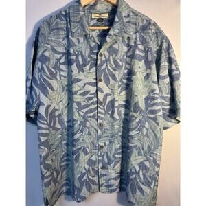 Tommy Bahama 100% Silk Hawaiian Shirt Blue Green Leaf Print Men’s L